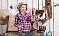 Joyful little children with treasures in hands Royalty Free Stock Photo