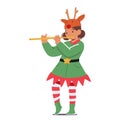 Joyful Little Girl In Festive Christmas Costume of Elf with Reindeer Antlers Plays A Cheerful Tune On The Flute Royalty Free Stock Photo