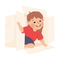 Joyful little girl playing with cardboard box. Happy kid playing toys cartoon vector illustration
