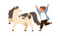 Joyful little girl running to hug adorable pony vector flat illustration. Smiling female child happy to meeting animal