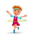 Joyful little girl twists a hoop