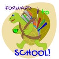 Joyful little turtle with textbooks, pencils and brush rushing to school