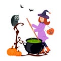 Joyful little witch brewing potion in cauldron. Cute girl wearing purple dress and hat practicing witchcraft. Cartoon