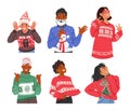 Joyful Male and Female Characters Sporting Festive, Ugly Christmas Sweaters, Striking Cheerful Poses Amid Holiday