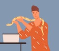 Joyful male holding yellow python vector flat illustration. Smiling guy putting snake into box isolated. Colorful man
