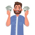 Joyful man with banknotes of money in his hands. The concept of wealth. Vector illustration