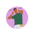 Joyful man cartoon character wearing headphones listening to music and dancing under favorite melody Royalty Free Stock Photo