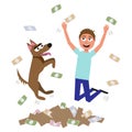 Joyful man jumping from happinessin heap of money.