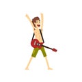 Joyful man standing with electric guitar and showing rock sign. Cartoon character of young musician. Guy dressed in Royalty Free Stock Photo