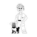 A joyful man who loves and cares for animals, including an adorable dog. Childrens coloring page.