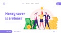 Joyful Managers Team Website Landing Page. Business People Stand Embracing at Huge Piles of Money with Glowing Lamp