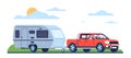 Joyful married couple goes on vacation. Car with camper trailer. Auto caravan. Road trip. Family travel by camping