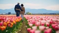 Joyful mature couple in red tulip flowers spring blooming field sharing a moment Royalty Free Stock Photo