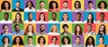 Joyful millennials emotions collage. Smiling multiracial young people portraits on colorful studio backgrounds Royalty Free Stock Photo