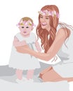 Joyful mom and her child wearing white dresses and floral crowns on head