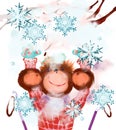 Joyful monkey and snow