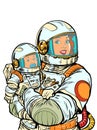 Joyful mother astronaut with a baby in her arms. Mothers Day. Pop art retro style. Cosmic woman in motherhood