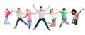 Joyful Multiracial Kids Jumping In Mid-Air Posing Over White Background Royalty Free Stock Photo