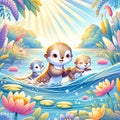Joyful Otter Family Frolicking in a Sunlit River Wonderland
