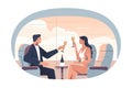 Joyful pair toast with champagne aboard private jet. Smiling, prosperous man and woman enjoy drinks on airplane. Luxury, well-
