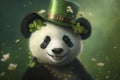 Joyful Panda Celebrating Saint Patrick\'s Day with Four-Leaf Clover Hat and Flowers.