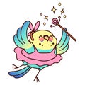 Joyful parrot in the form of a fairy with a magic wand. Kawaii vector sticker isolated on a white background