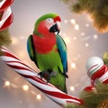 A joyful parrot perched on a candy cane wearing a tiny Santa suit2