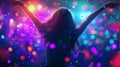 A joyful partygoer throws their hands up, dancing the night away under sparkling lights Royalty Free Stock Photo
