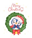 Joyful Penguin Celebrating Christmas in a Festive Wreath, Merry Christmas Watercolor Cartoon. Exciting Smiles and Cheerful Holiday