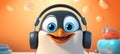 Joyful penguin wearing headphones, isolated on pastel background with copy space for text placement