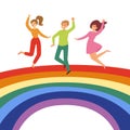 Joyful people jumping on rainbow, colorful background, group happy, cheerful guys, girls, cartoon style vector