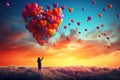 A joyful person holds a bunch of colorful balloons high up in the clear blue sky., People reach their hand to colorful hearts in Royalty Free Stock Photo