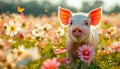 Joyful Piglet in a Blossoming Meadow. Greeting card for celebrating National pig day