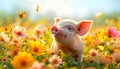 Joyful Piglet in a Blossoming Meadow. Greeting card for celebrating National pig day