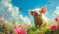 Joyful Piglet in a Blossoming Meadow. Greeting card for celebrating National pig day