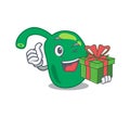 Joyful pineal cartoon character with a big gift box