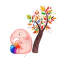 A joyful pink elephant sits under a fabulous tree and holds a rainbow ball. Royalty Free Stock Photo
