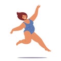 Joyful Plump Woman In A Swimsuit Defies Societal Expectations By Jumping. Energetic, Confident Fat Female Character