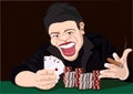 joyful poker player with four aces. Good game.