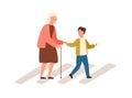 Joyful polite boy help grandmother cross street vector flat illustration. Smiling well mannered child assistance to aged Royalty Free Stock Photo