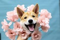 Joyful Pooch: Playful Canine on a Soft Blue Canvas. Generative AI