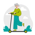 Joyful positive active old age woman on electro gyro scooter vector. Positive aged elderly Person fun activity. Elderly protection