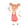 Joyful preschool little girl playing with soap bubbles cartoon vector illustration Royalty Free Stock Photo