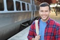 Joyful public transportation passenger with copy space Royalty Free Stock Photo