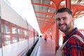 Joyful public transportation passenger with copy space Royalty Free Stock Photo