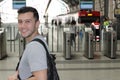 Joyful public transportation passenger with copy space Royalty Free Stock Photo