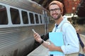 Joyful public transportation passenger with copy space Royalty Free Stock Photo