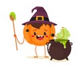 Joyful pumpkin brews a potion in the witch`s cauldron. Happy Halloween. Vector illustration in flat cartoon style.