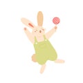 Joyful rabbit jumping holding lollipop vector flat illustration. Happy bunny having fun with sweet delicious isolated on