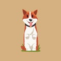 Joyful red-haired corgi standing on hind legs. Puppy with tongue hanging out. Cartoon domestic animal character with